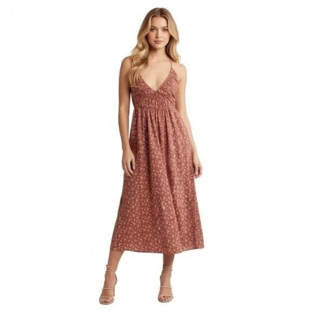 Treasure & Bond Floral Maxi Dress M Rust Red Spaghetti Strap Smocked Tie Back